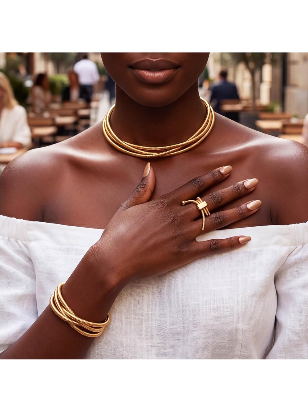 Gold-Tone Multi-Strand Choker Necklace and Bracelet Set